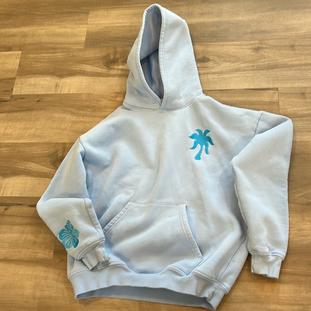 Blue pink palm puff hoodie, sz M.  Worn 1 time before daughter changed her mind